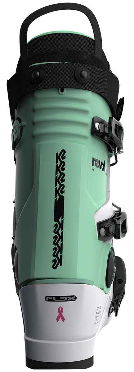 K2 Women's Revolver 2023 ski boots feature a green and white color scheme with distinctive black accents.