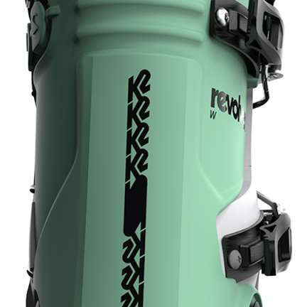 K2 Women's Revolver 2023 ski boots feature a green and white color scheme with distinctive black accents.