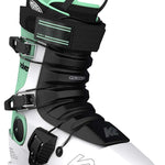 White K2 Revolver ski boots feature green accents and black hardware.
