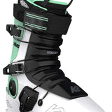 White K2 Revolver ski boots feature green accents and black hardware.