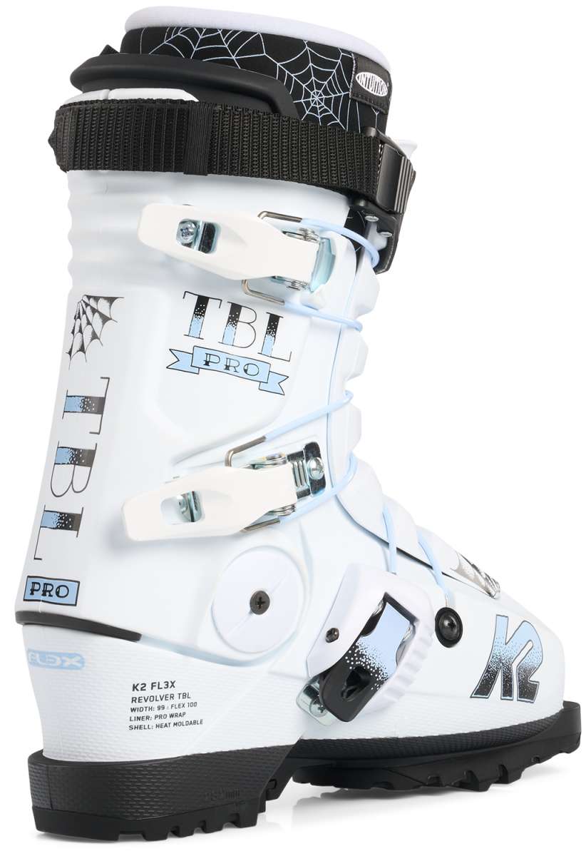 K2 Women's Revolver TBL 100 ski boot features a white and gray design with red accents.