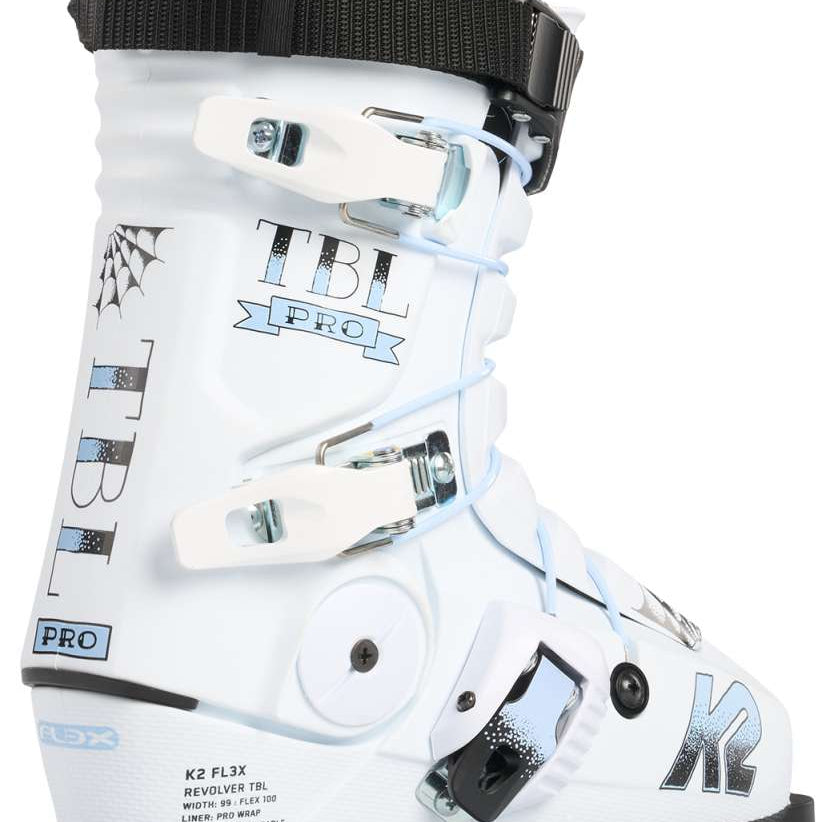 K2 Women's Revolver TBL 100 ski boot features a white and gray design with red accents.
