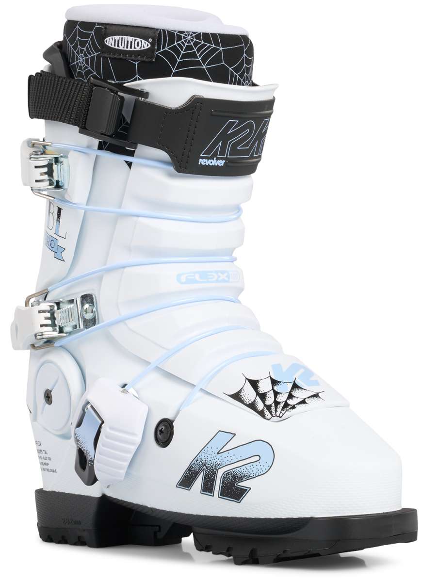White K2 Revolver TBL 100 ski boot features a distinctive black and red design.