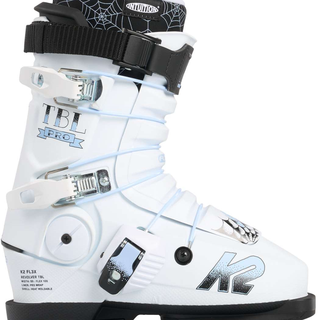 K2 Revolver TBL 100 ski boot features a white and silver design with visible straps.