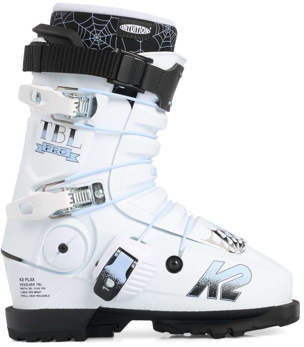 K2 Revolver TBL 100 ski boot features a white and silver design with visible straps.