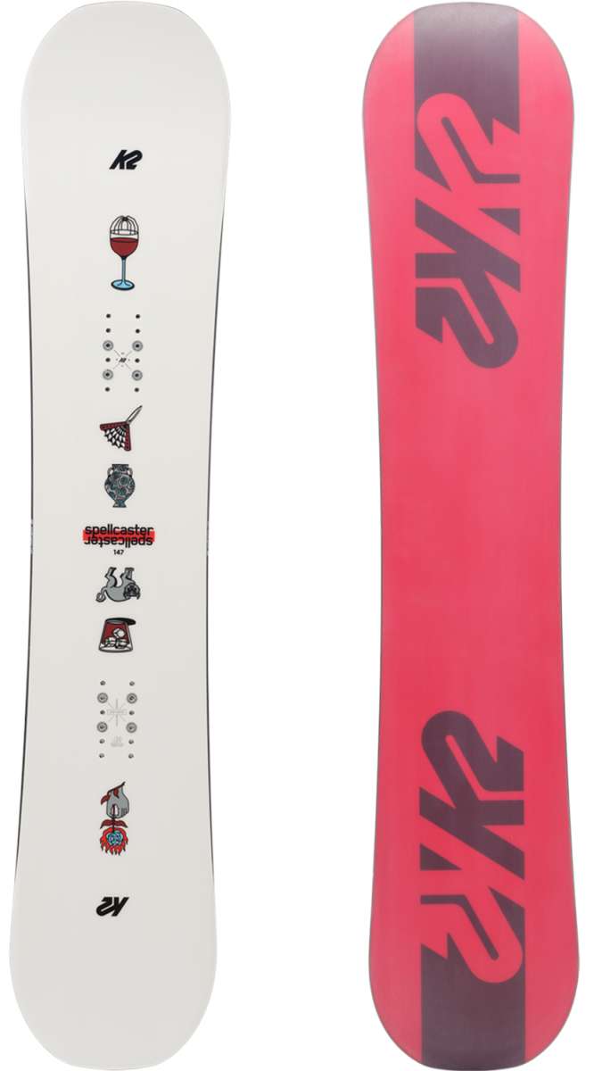 K2 Women's Spellcaster snowboard, 2024 model, features a white base with red graphics.