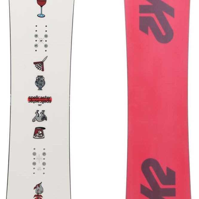 K2 Women's Spellcaster snowboard, 2024 model, features a white base with red graphics.