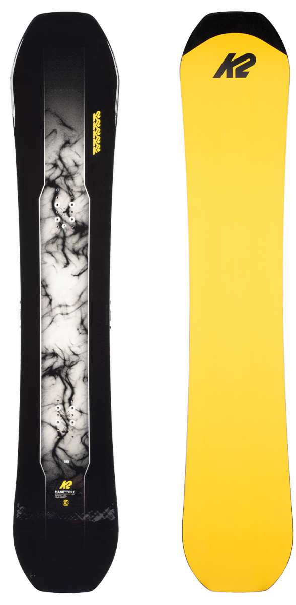K2 Manifest 2022 snowboard features a black and gray graphic on a yellow base.