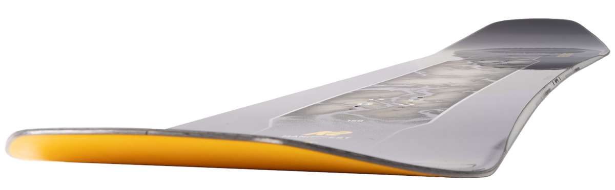 K2 Manifest snowboard, 2022 model, features a dark gray top with a vibrant orange edge.