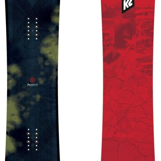 K2 Manifest Snowboard 2024 - A black snowboard with a green pattern on top and bottom edges.