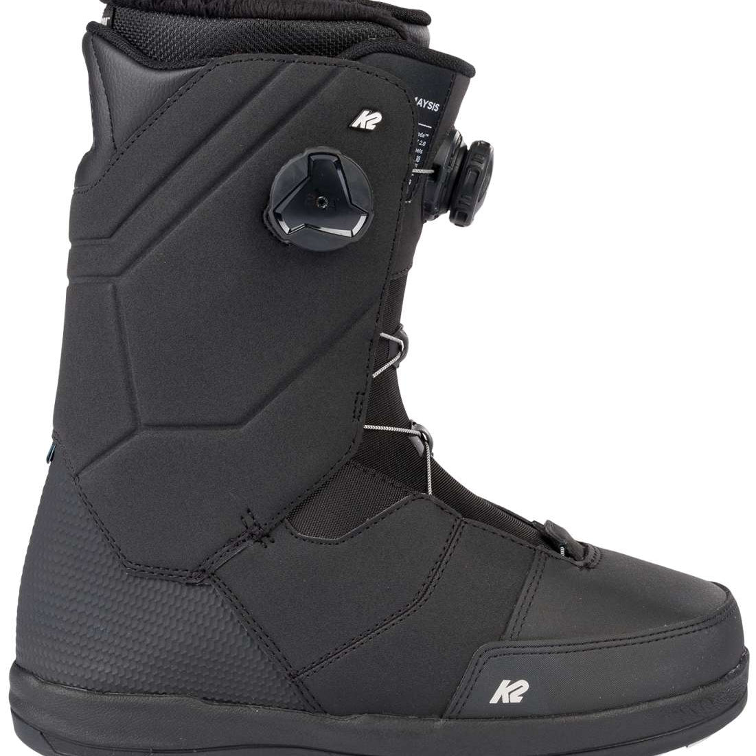 Black K2 Maysis snowboard boot features a gray dial and minimalist design.