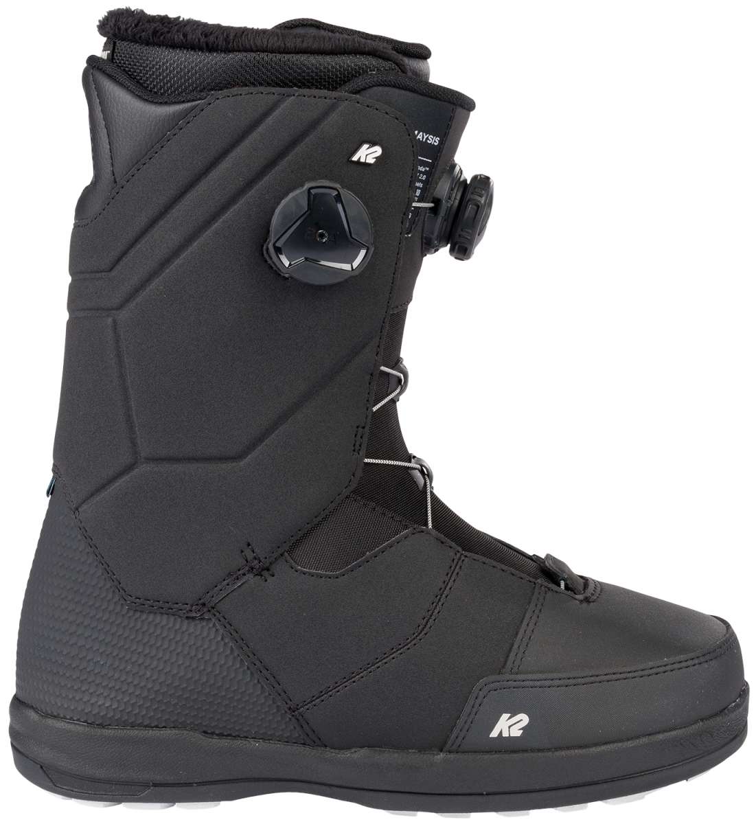 Black K2 Maysis snowboard boot features a gray dial and minimalist design.