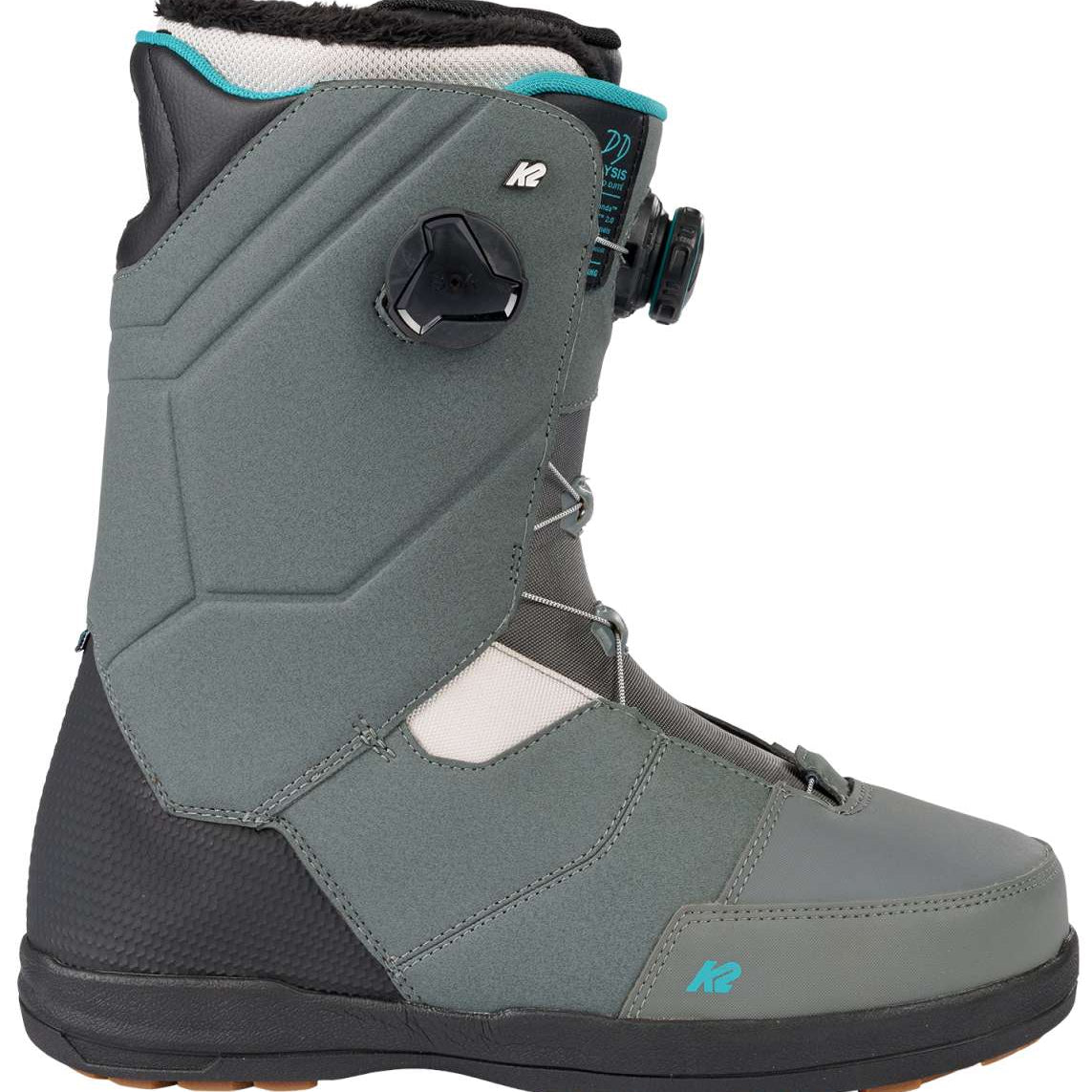 Black and gray K2 Maysis snowboard boot features a BOA lacing system and distinctive design.