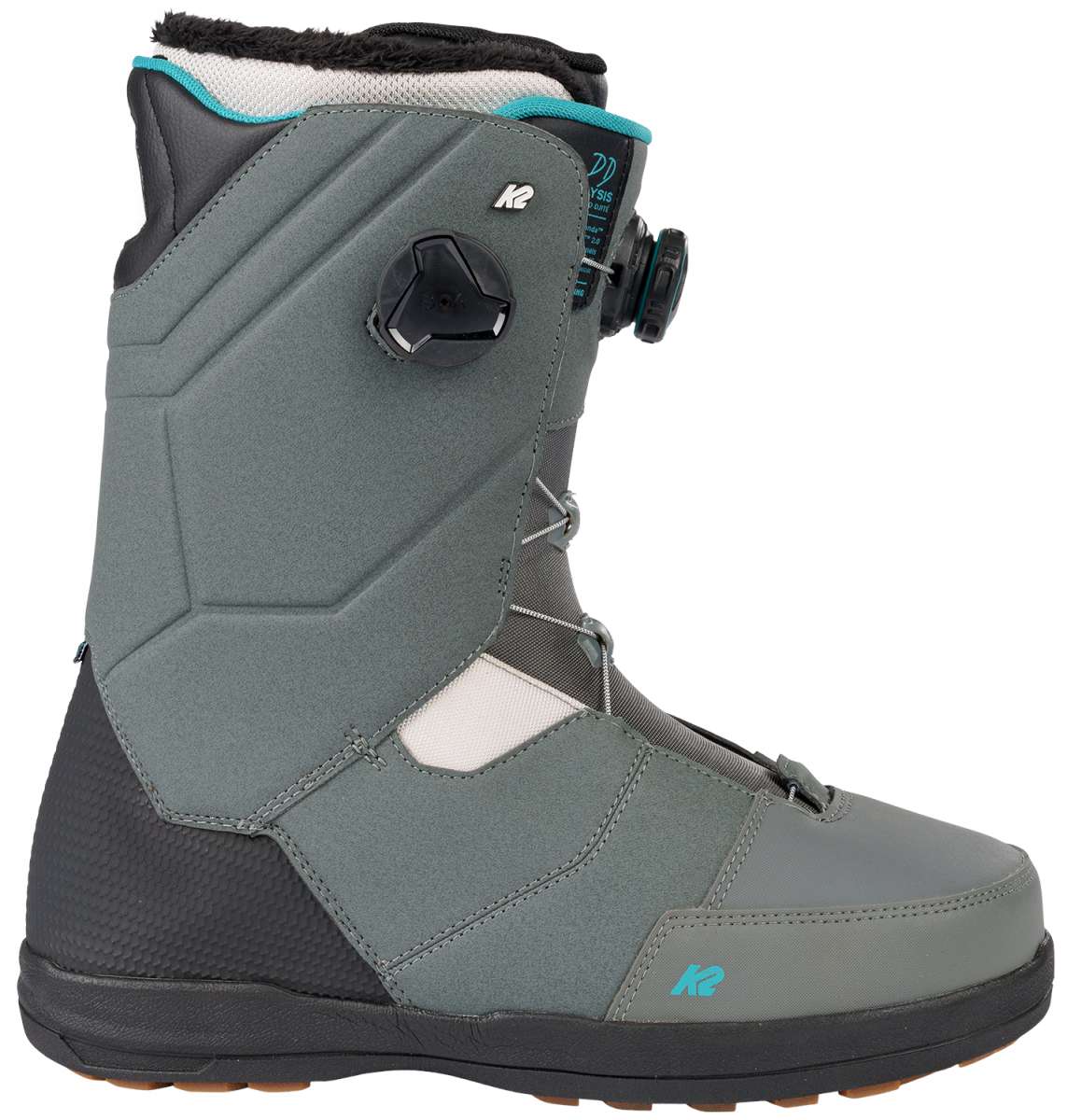 Black and gray K2 Maysis snowboard boot features a BOA lacing system and distinctive design.