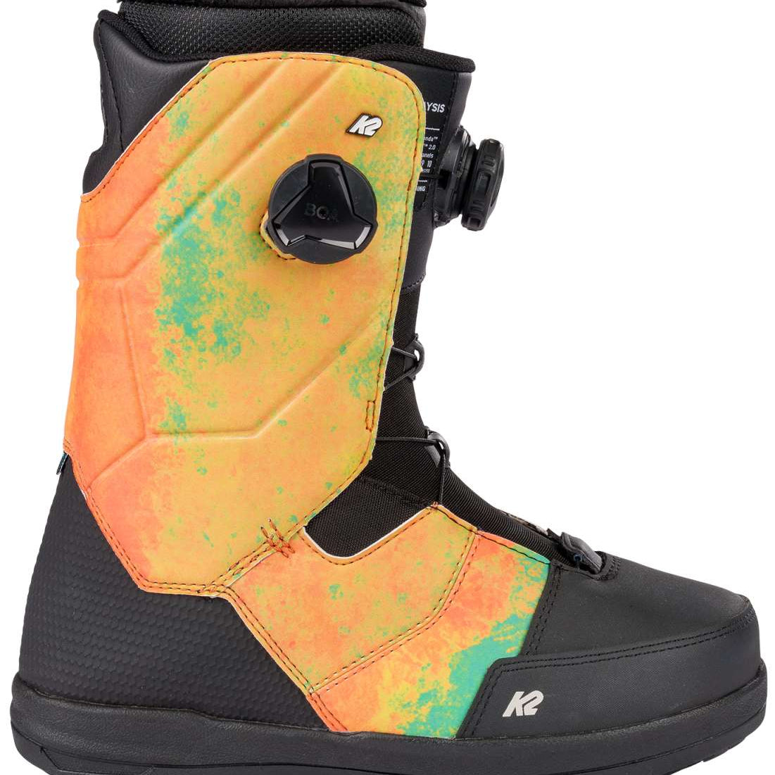 Vibrant orange and teal K2 Maysis snowboard boot features a Boa dial closure system.