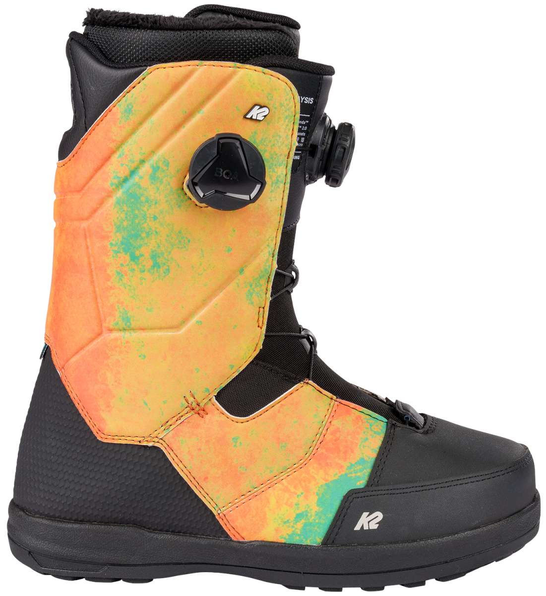 Vibrant orange and teal K2 Maysis snowboard boot features a Boa dial closure system.