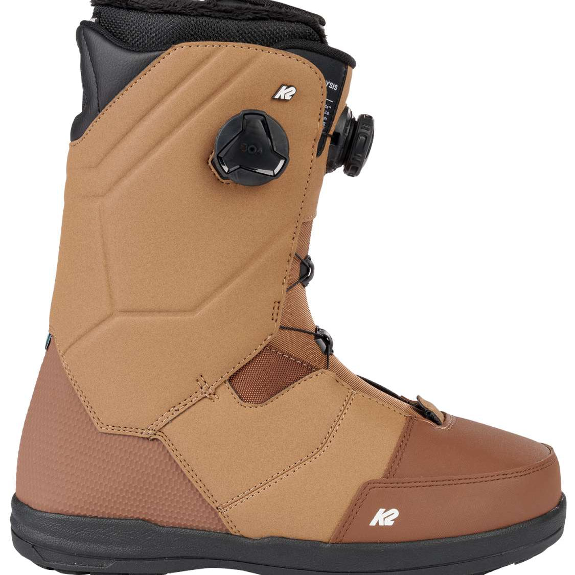 Brown K2 Maysis snowboard boot with black accents and a gray dial system.
