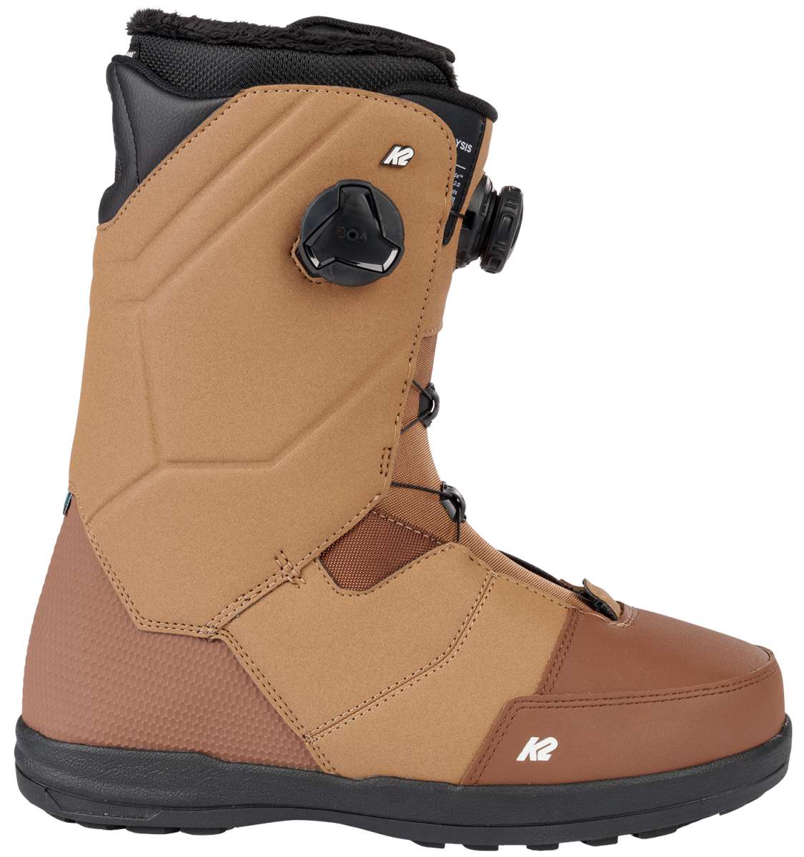 Brown K2 Maysis snowboard boot with black accents and a gray dial system.