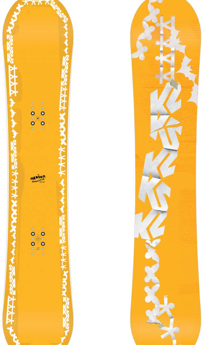 K2 2024 medium snowboard, yellow with black graphics.