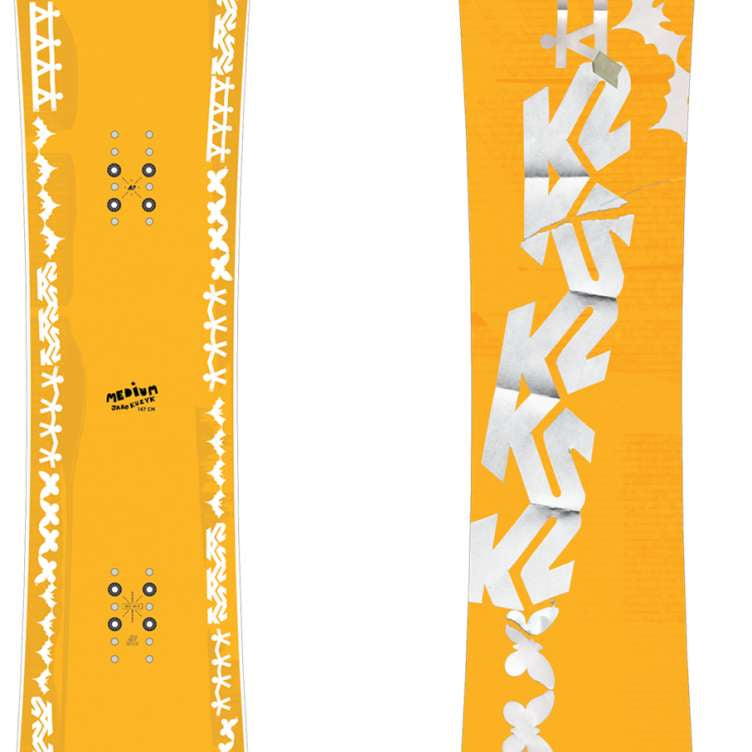 K2 2024 medium snowboard, yellow with black graphics.