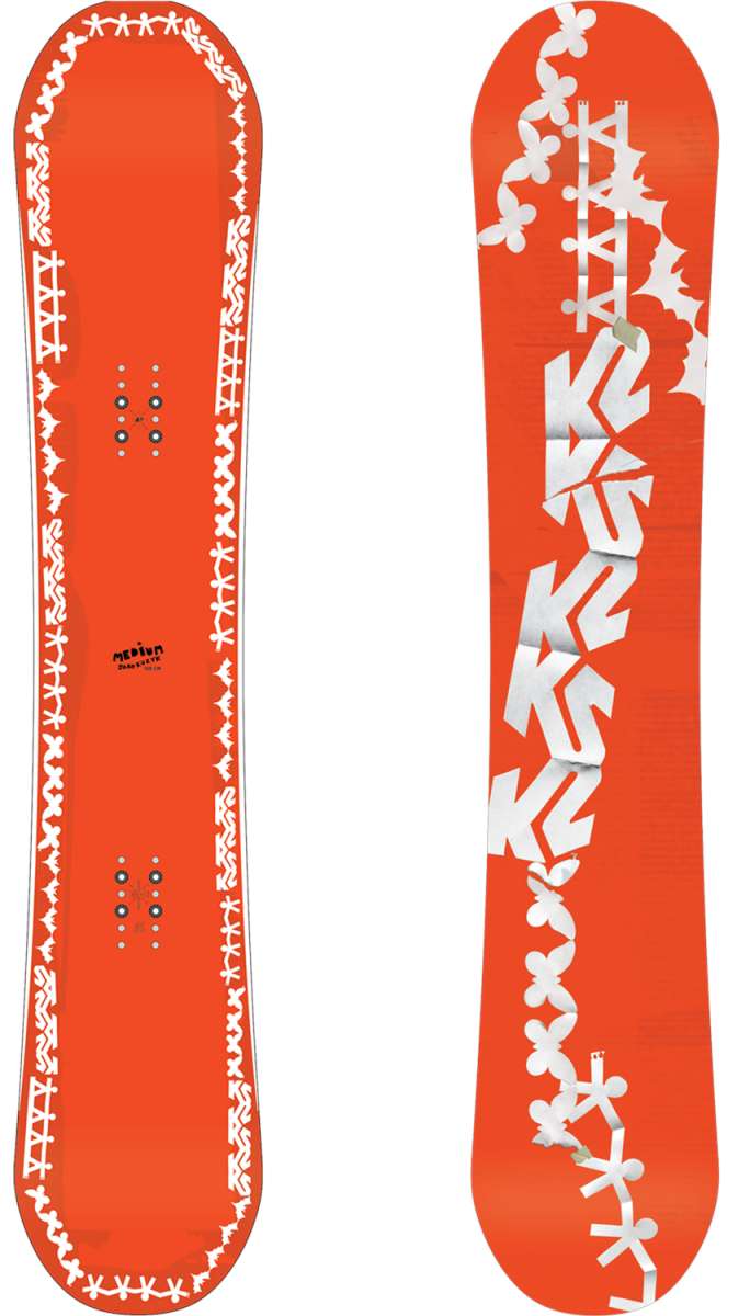 K2 2024 medium snowboard features a distinctive graphic and blue base.