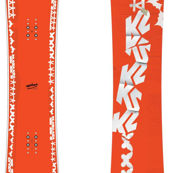 K2 2024 medium snowboard features a distinctive graphic and blue base.