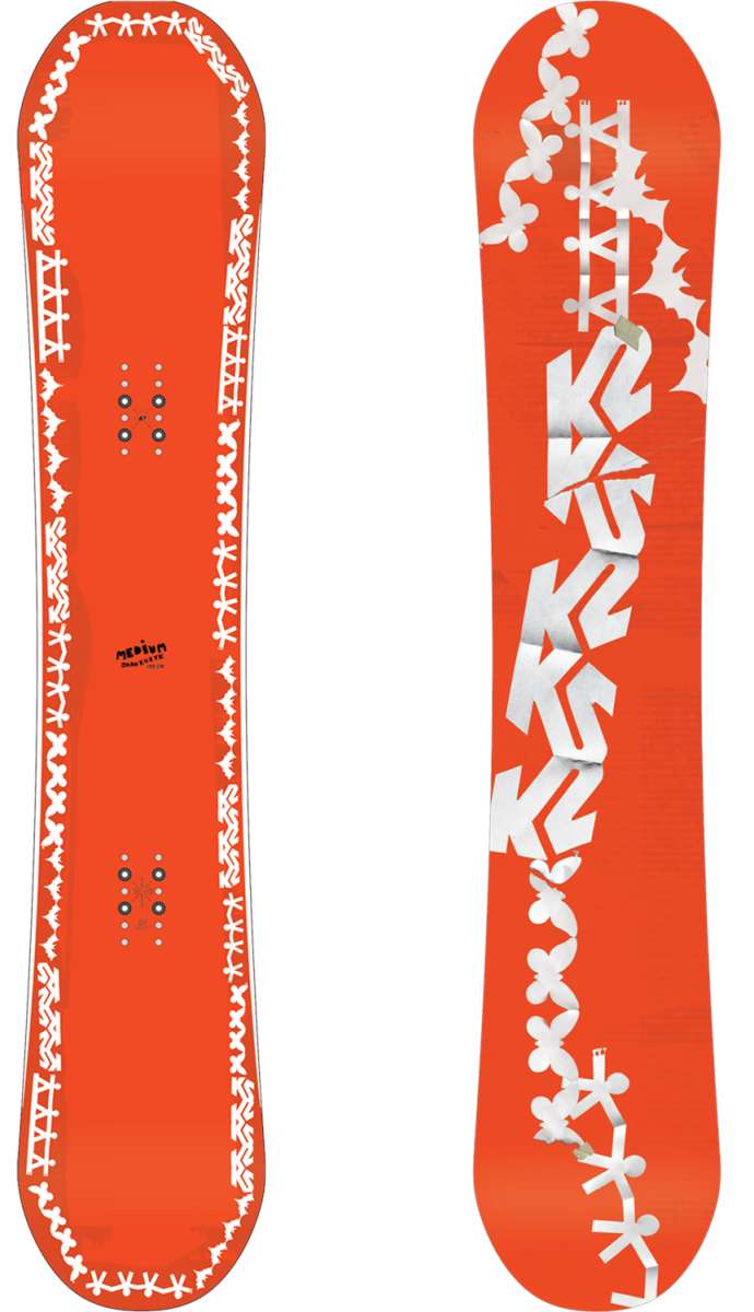 K2 Medium Snowboard 2024 features a vibrant red design with white graphics.