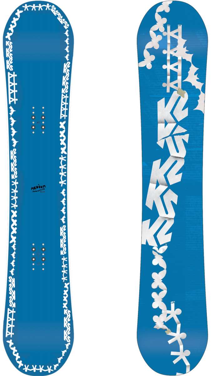 K2 2024 snowboard features a blue design with white graphics.