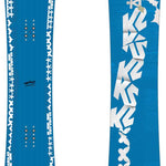 K2 2024 snowboard features a blue design with white graphics.