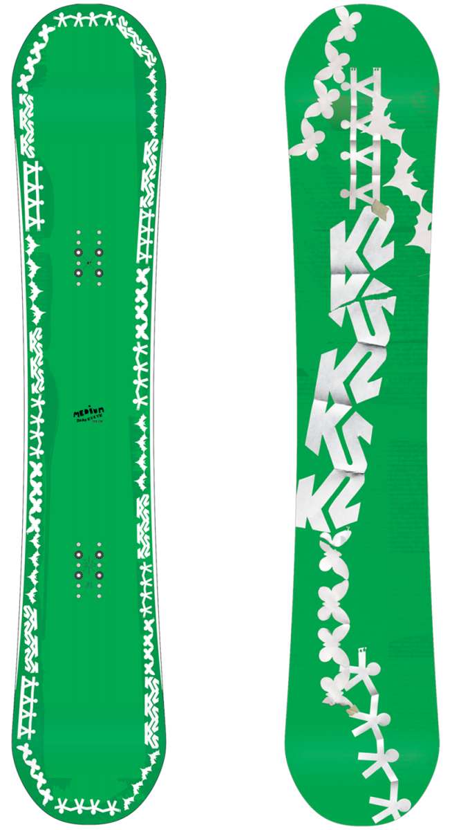 K2 2024 snowboard features a green and white design.
