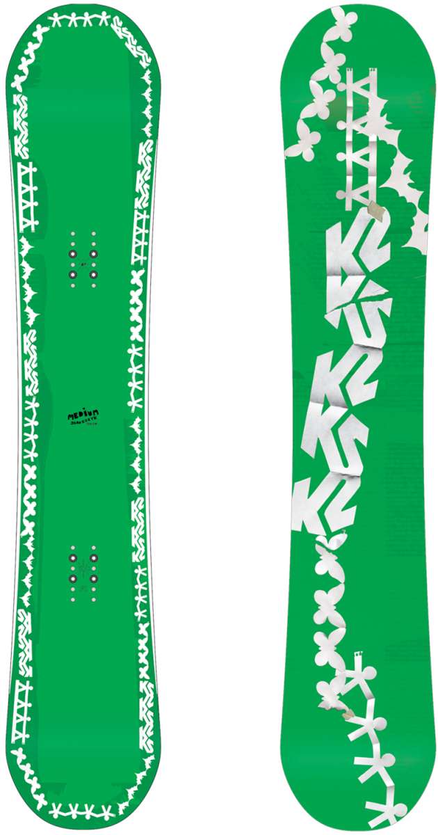 K2 2024 snowboard, medium size, features a black and green design with white graphics.
