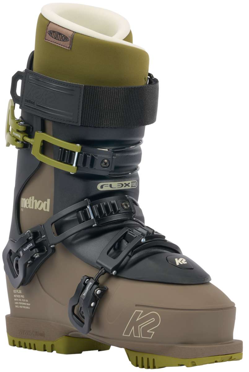 K2 Method Pro 100 ski boot in a beige and black colorway features a distinctive design.