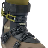 K2 Method Pro 100 ski boot in a beige and black colorway features a distinctive design.