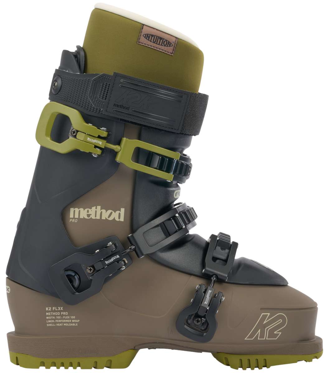 K2 Method Pro 100 ski boot features a green and black color scheme with visible adjustment dials.