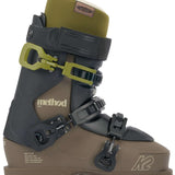 K2 Method Pro 100 ski boot features a green and black color scheme with visible adjustment dials.