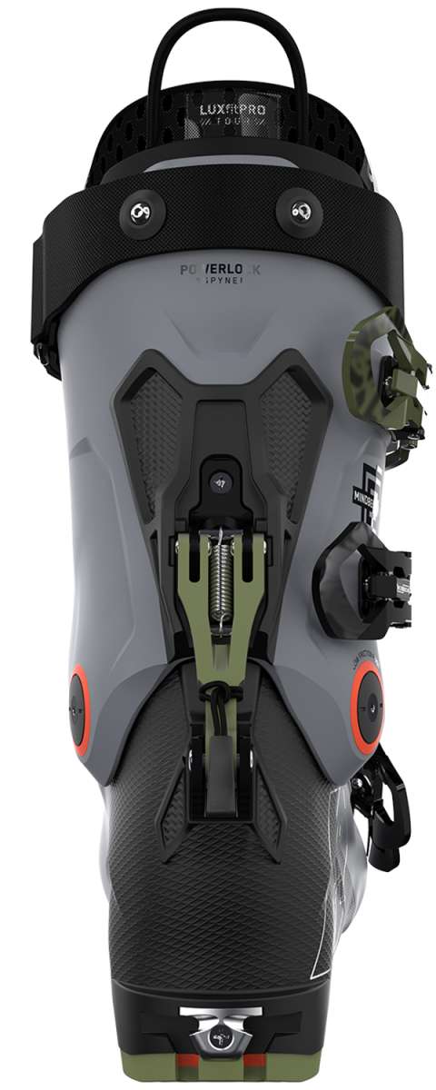 K2 Mindbender 100 MV ski boots feature a black and gray design with red accents.