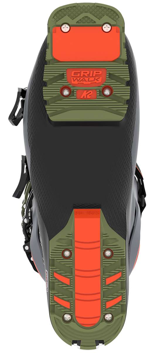 Green and black K2 Mindbender ski boot sole with red accents and visible hardware.