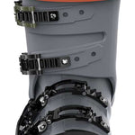 Gray and black K2 Mindbender 100 MV ski boots feature a distinctive design and red accents.