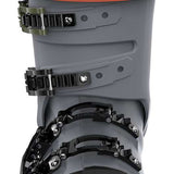Gray and black K2 Mindbender 100 MV ski boots feature a distinctive design and red accents.