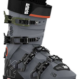 Gray and green K2 Mindbender 100 MV ski boots feature black accents and a distinctive design.