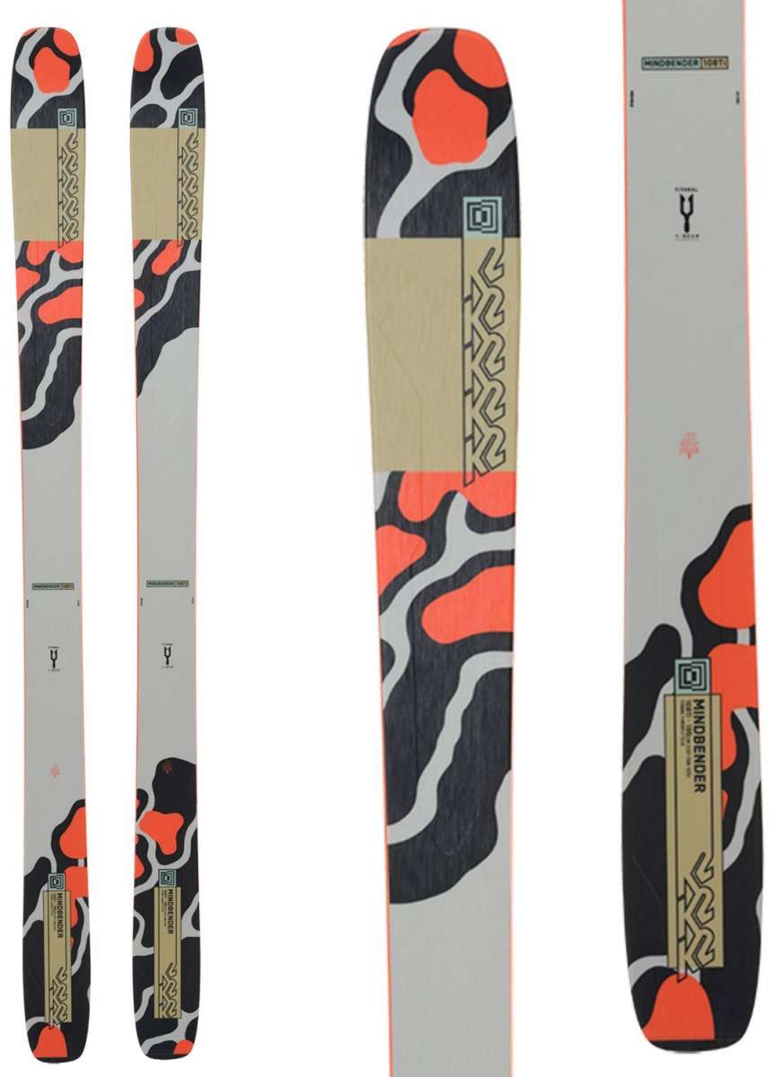 K2 Mindbender 108Ti skis feature a distinctive red and black graphic design.