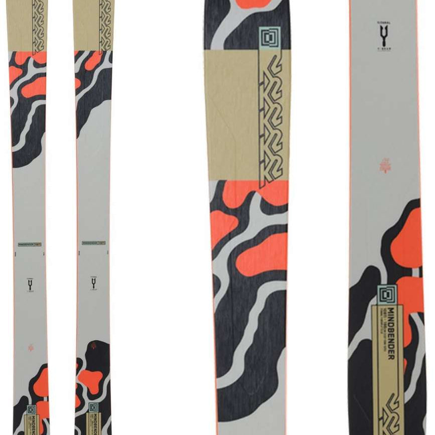 K2 Mindbender 108Ti skis feature a distinctive red and black graphic design.