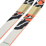K2 Mindbender 108Ti skis feature a distinctive red and black flame graphic design.