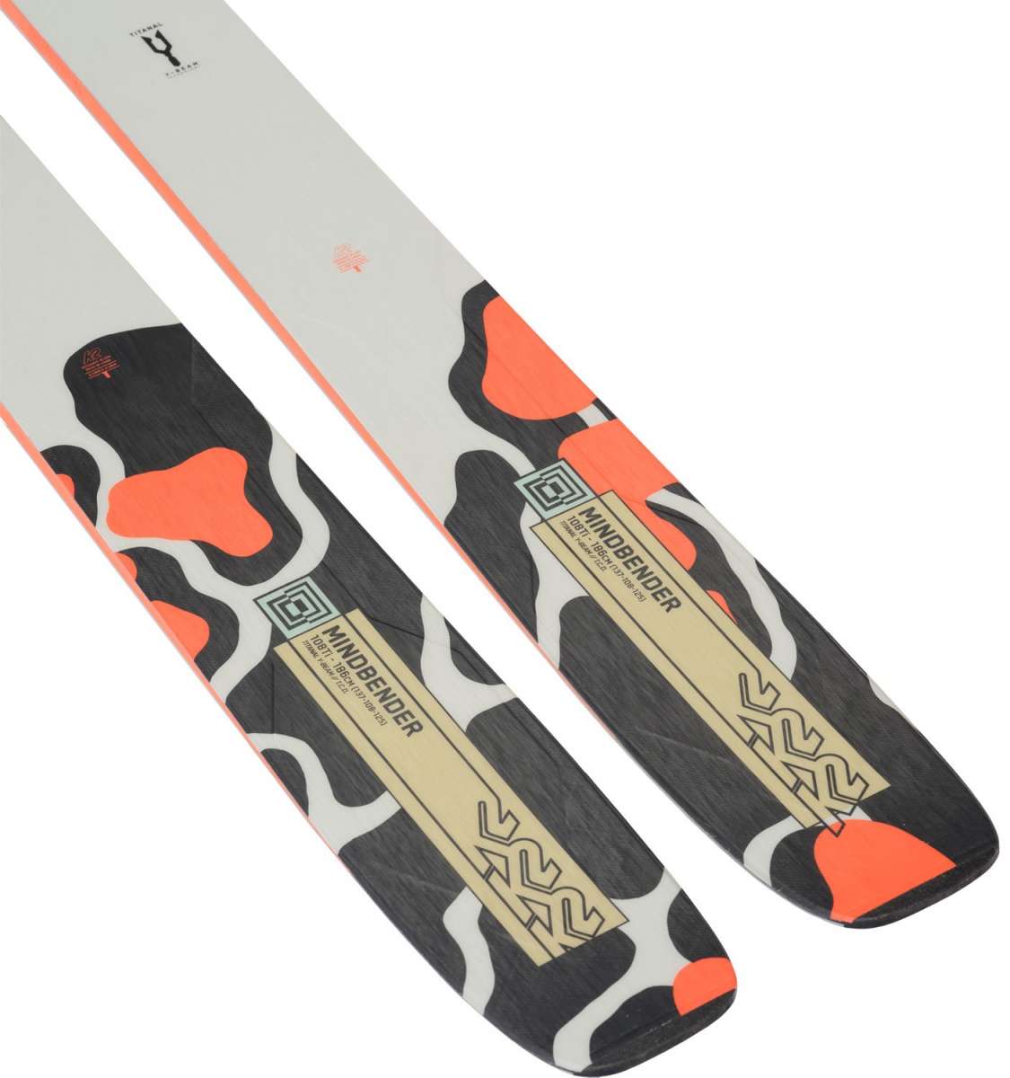 K2 Mindbender 108Ti skis feature a black and orange design with a distinctive graphic pattern.