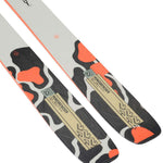 K2 Mindbender 108Ti skis feature a black and orange design with a distinctive graphic pattern.
