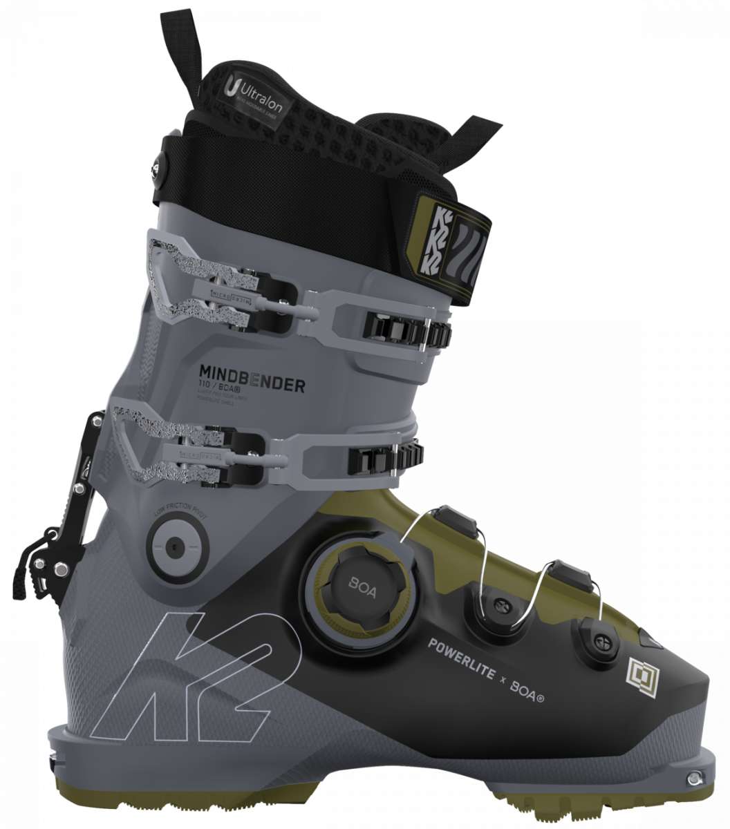 K2 Mindbender 110 BOA ski boots feature a white and orange color scheme with visible BOA dial.