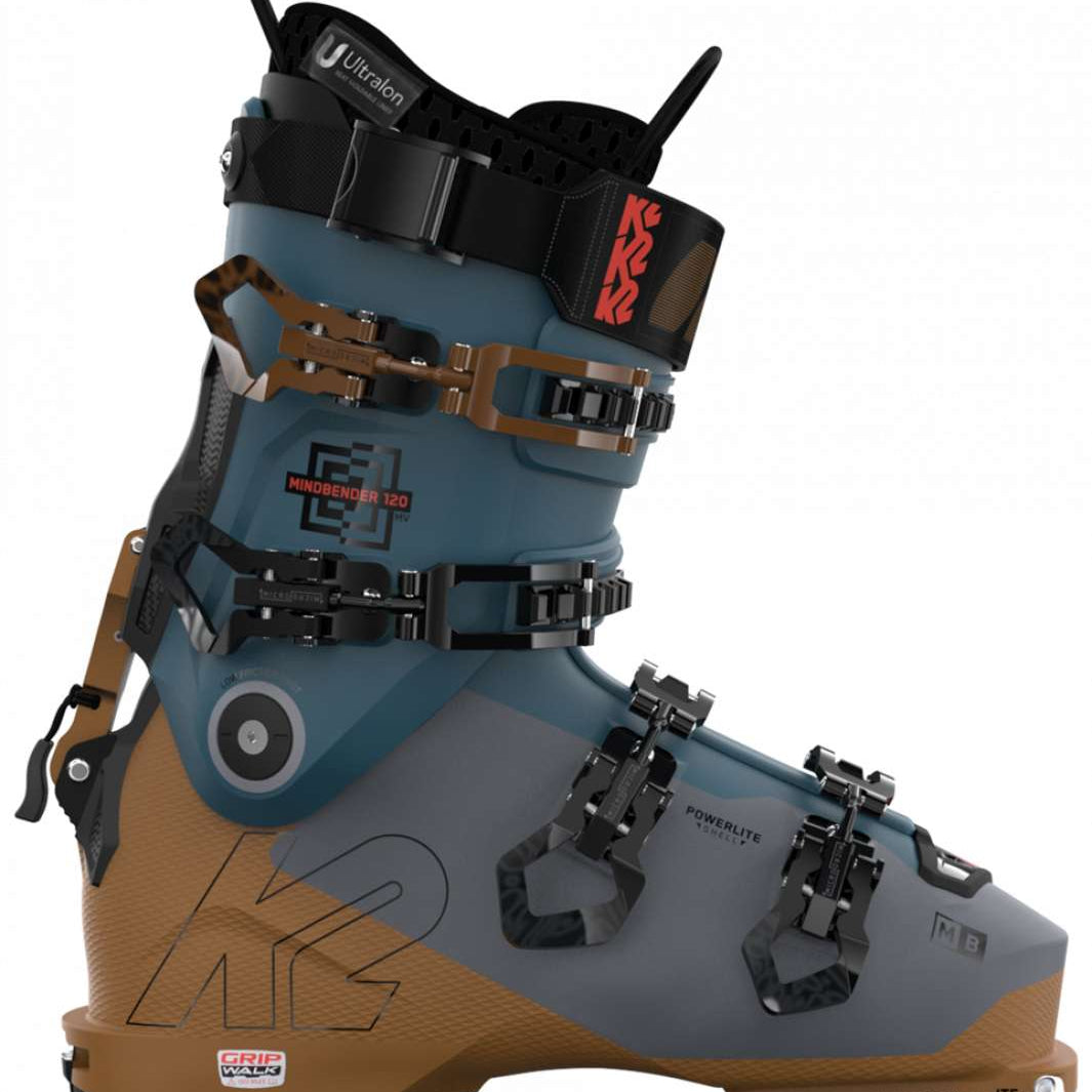 K2 Mindbender 120 MV ski boot features a blue and white color scheme with distinctive red accents.