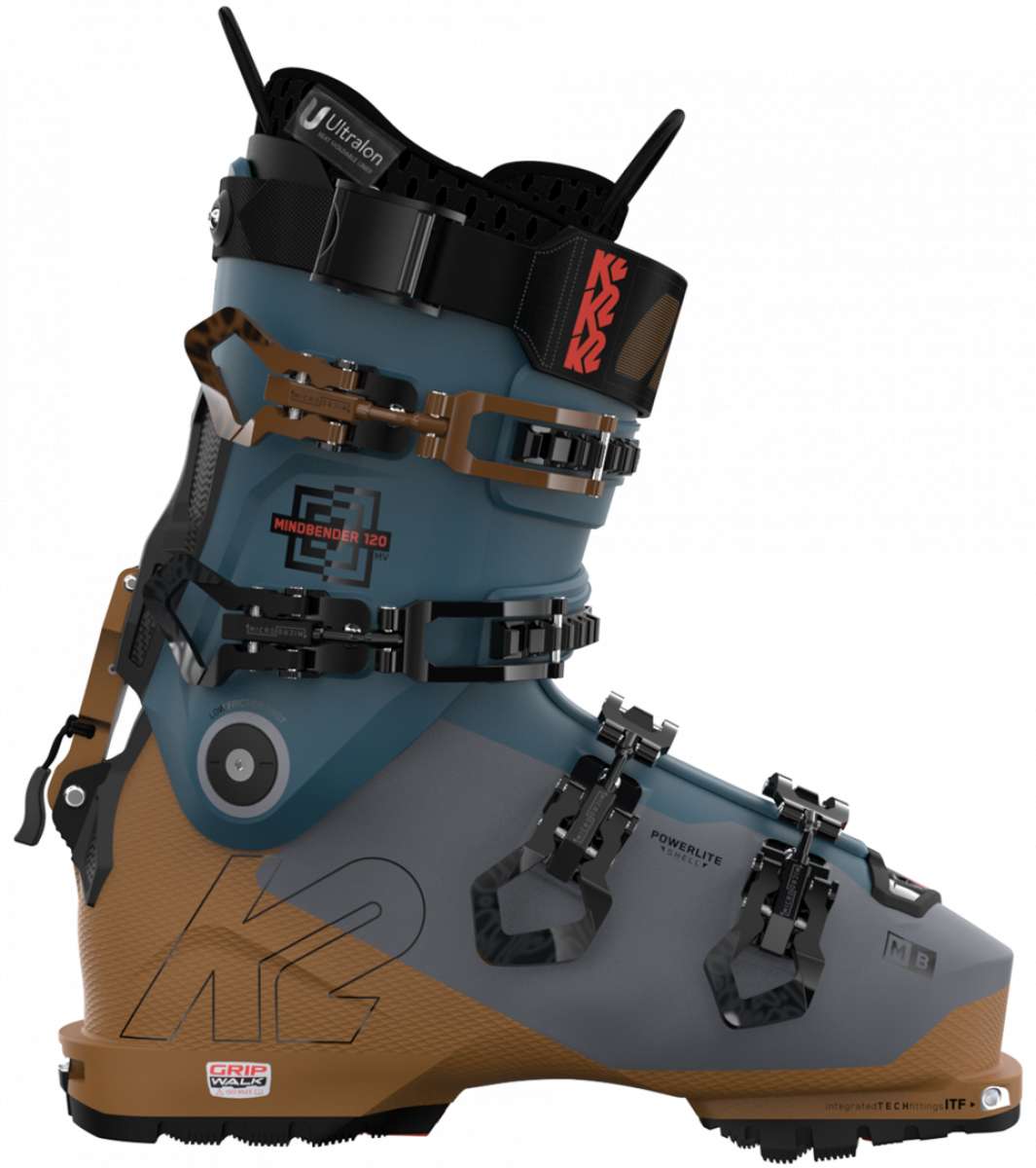 K2 Mindbender 120 MV ski boot features a blue and white color scheme with distinctive red accents.