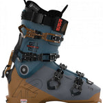 K2 Mindbender 120 MV ski boot features a blue and white color scheme with distinctive red accents.