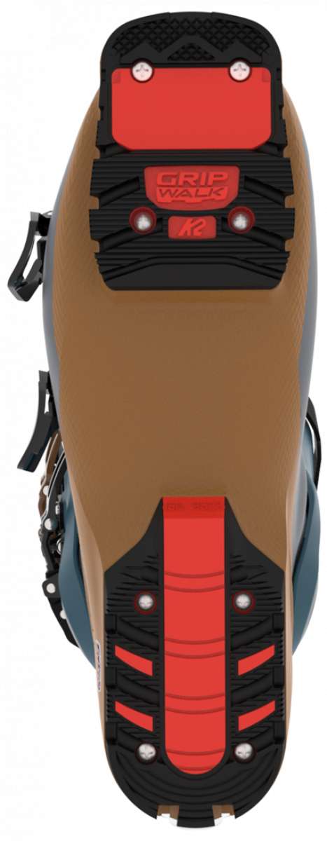 K2 Mindbender 120 MV ski boot sole features a black rubber tread with red accents.